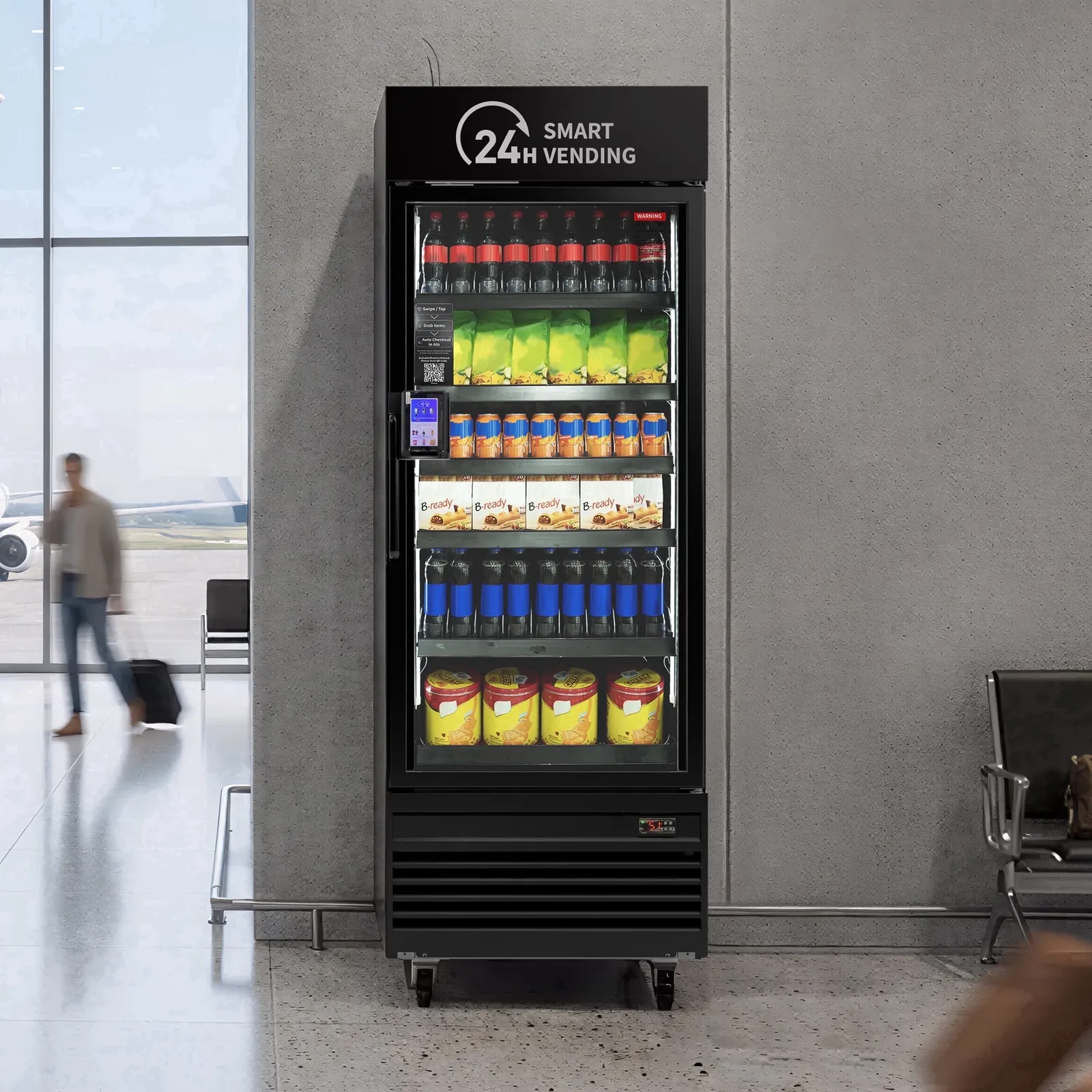 AI smart cooler stocked with drinks and snacks