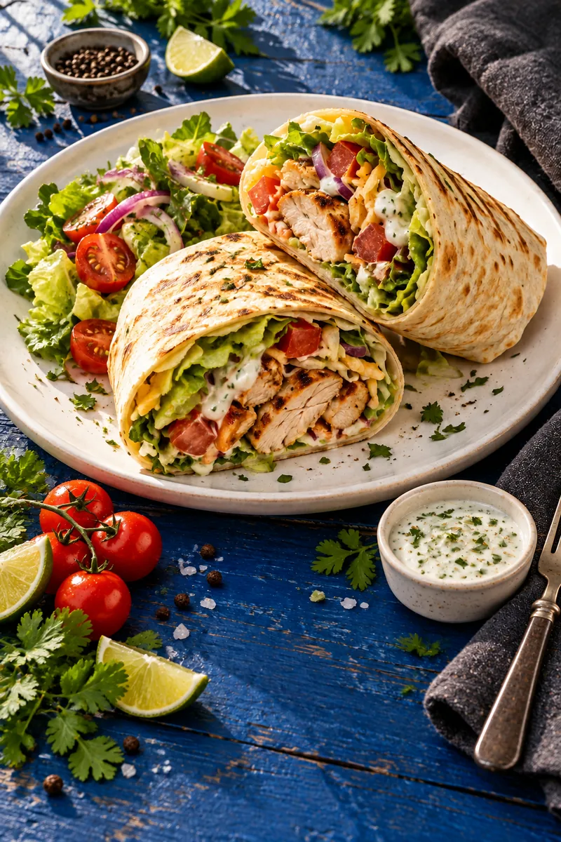 Chef-made grilled chicken wrap with a side salad