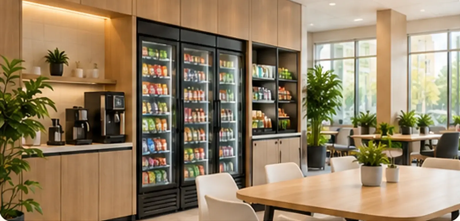 Modern office breakroom with a micro market and coffee station