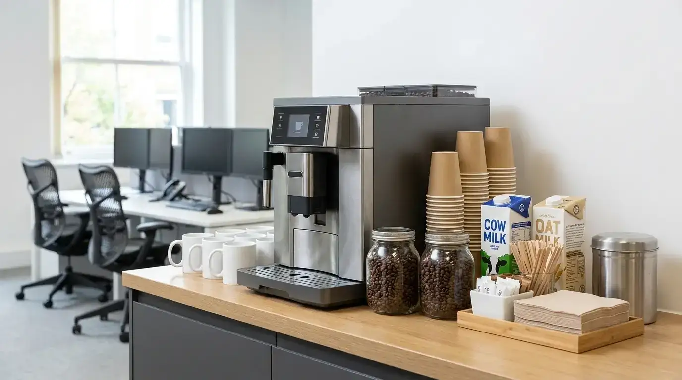 Office coffee bar with a bean-to-cup machine and coffee beans