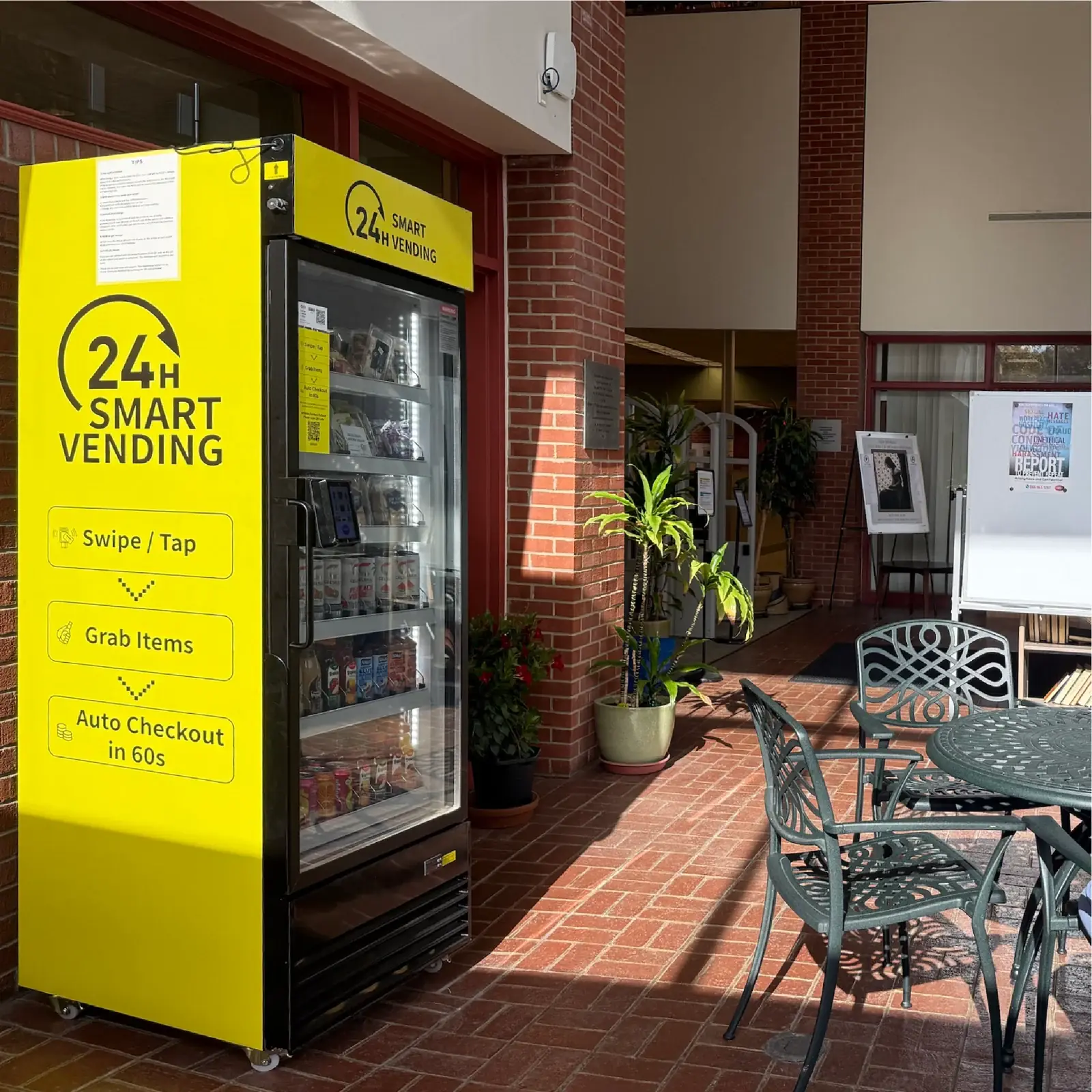 Smart cooler with a custom wrap in a building lobby