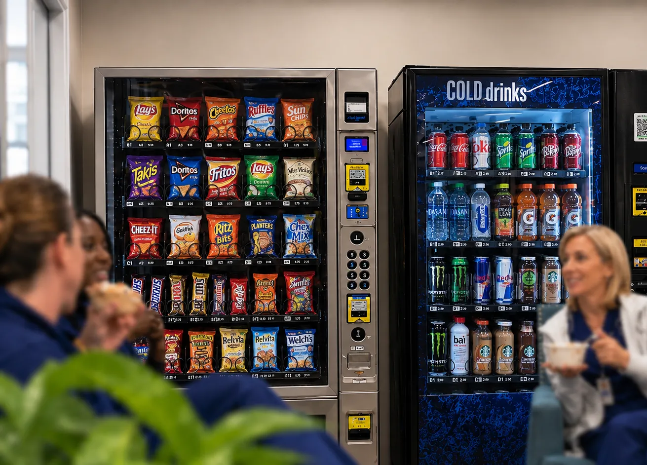 Snack and cold drink vending machines in a staff breakroom