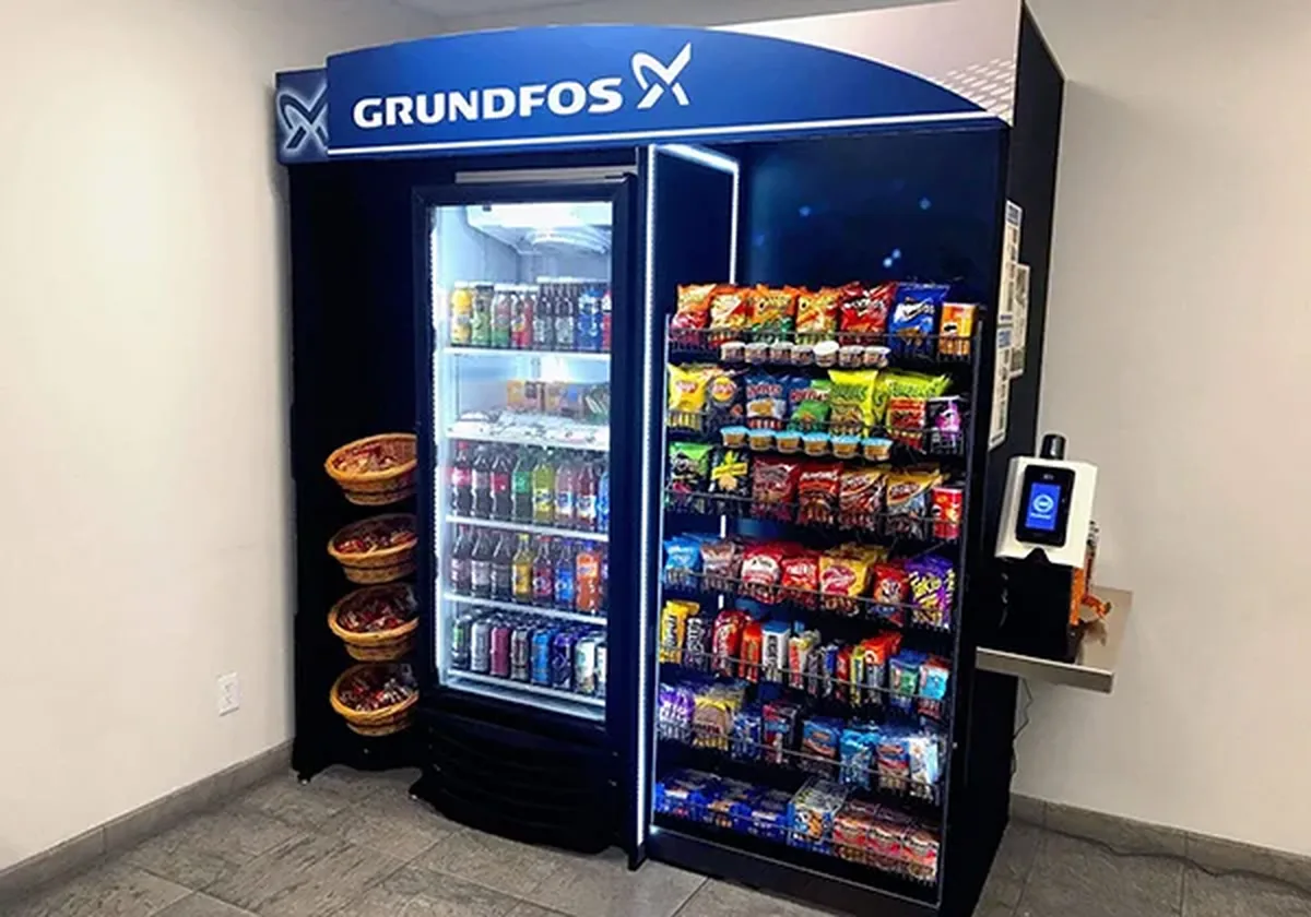 Compact micro market with coolers, snacks and a kiosk