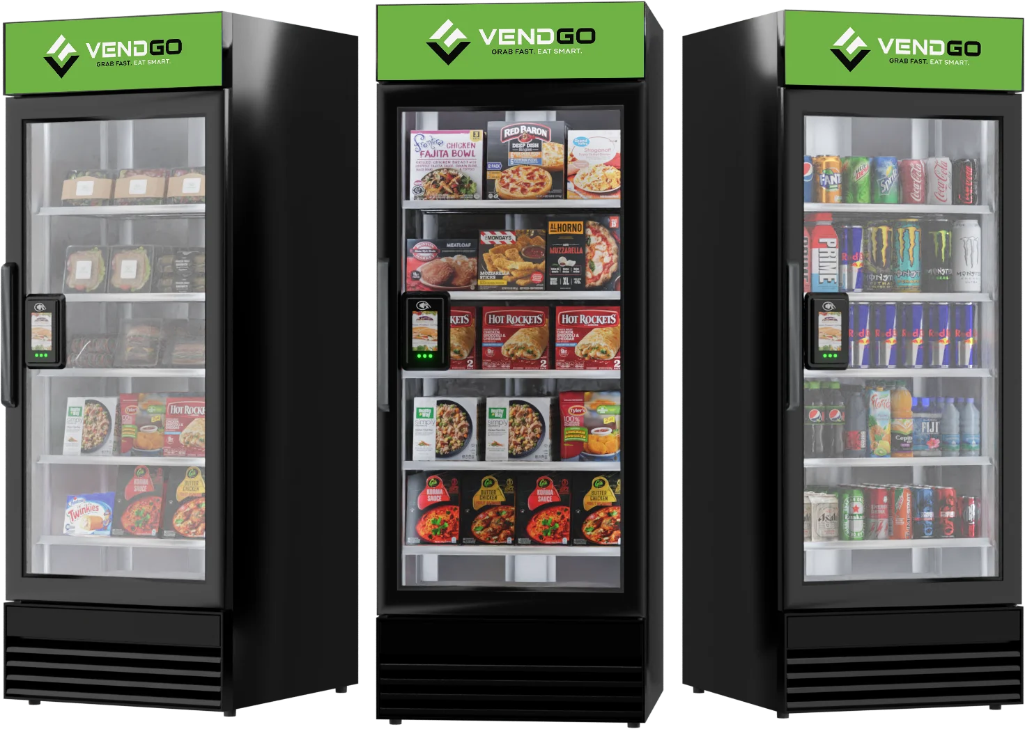 Three Vendgo AI smart coolers displaying ready meals, frozen dinners, and chilled drinks in sleek black cabinets.