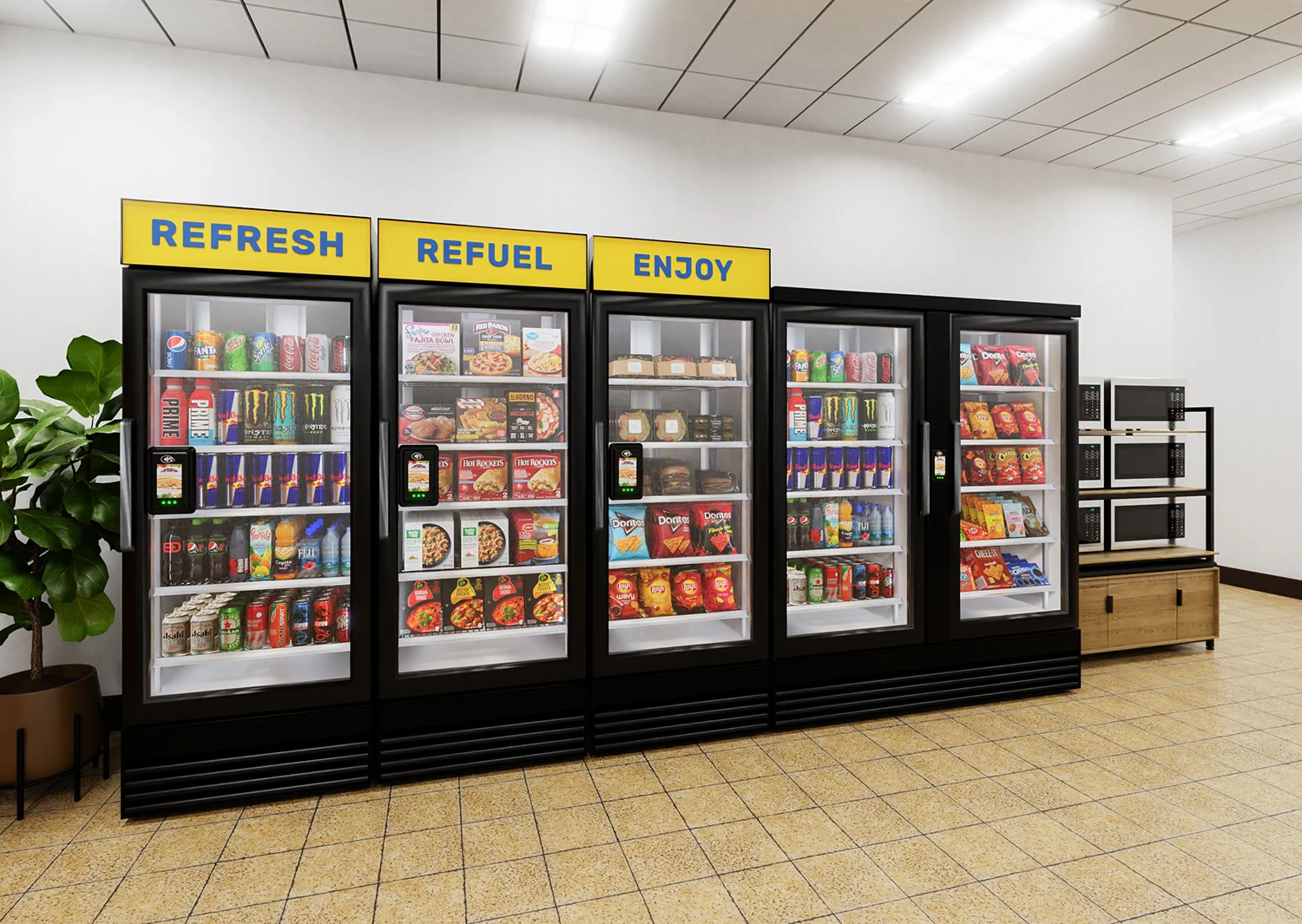 Row of Vendgo smart coolers with glass doors labeled Refresh, Refuel, Enjoy stocked with beverages and meals in a micro market.