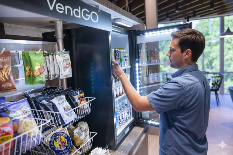 Man using a Vendgo micro market in Atlanta, selecting a drink from the refrigerated cooler
