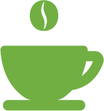 Green coffee cup icon with a coffee bean above representing Vendgo's coffee and tea service.