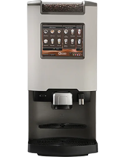 Vendgo coffee and tea machine featuring a digital screen with multiple drink options and a dispenser.