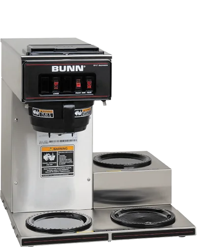 Commercial Bunn coffee brewer with multiple warming plates and stainless steel construction used in Vendgo's office coffee service.