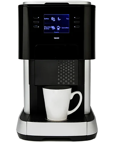 Compact coffee and espresso machine with digital display and mug placed under the dispenser.