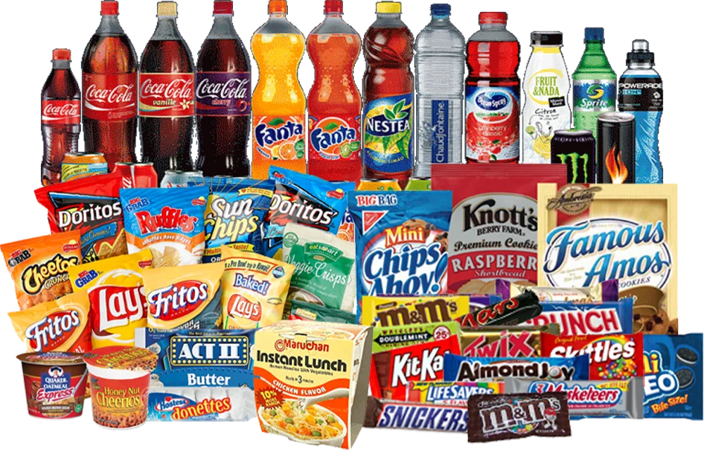 Assorted top-selling snacks and beverages including Coca-Cola, Fanta, Sprite, bottled juices, Gatorade, Doritos, Sun Chips, Fritos, Cheetos, Lay’s chips, ramen noodles, candy bars, and cookies displayed for Vendgo micro market in Atlanta.