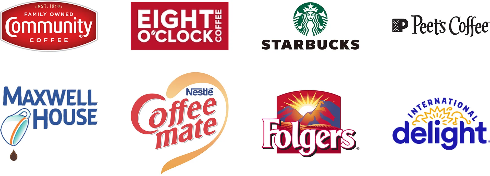 Logos of coffee brands including Community Coffee, Eight O'Clock Coffee, Starbucks, Peet's Coffee, Maxwell House, Coffee-mate, Folgers, and International Delight.