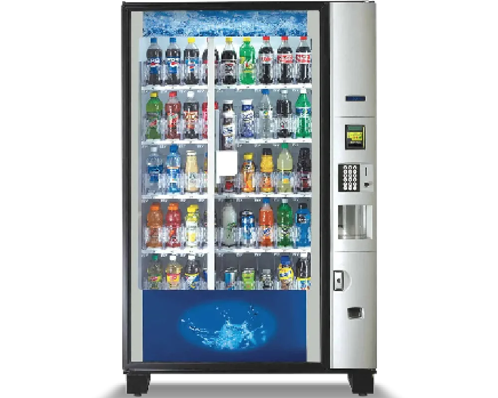 Beverage vending machine stocked with water, sodas and juices behind glass doors.