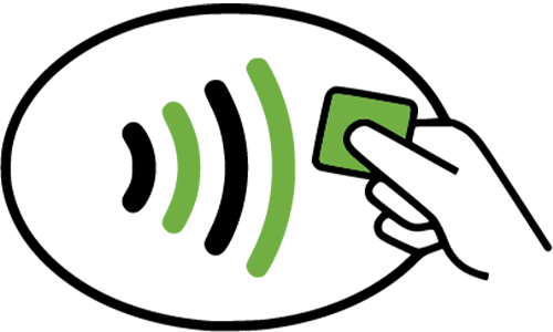 Green contactless payment icon with a hand tapping a card on a wireless payment signal.