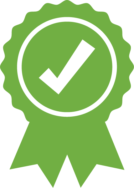 Green ribbon badge icon with a check mark, representing quality assurance.