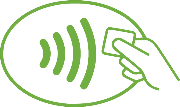 Green contactless payment icon showing a hand holding a card near radio waves.