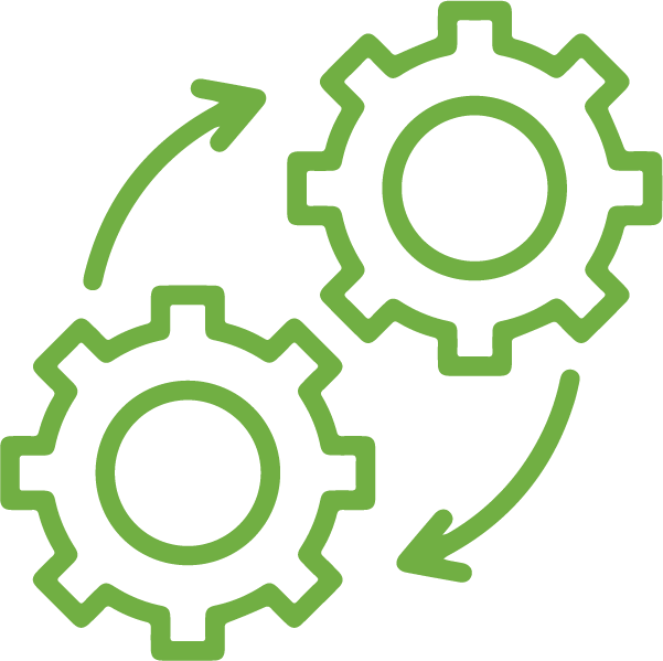 Green icon with two gears and curved arrows indicating automation and process flow.