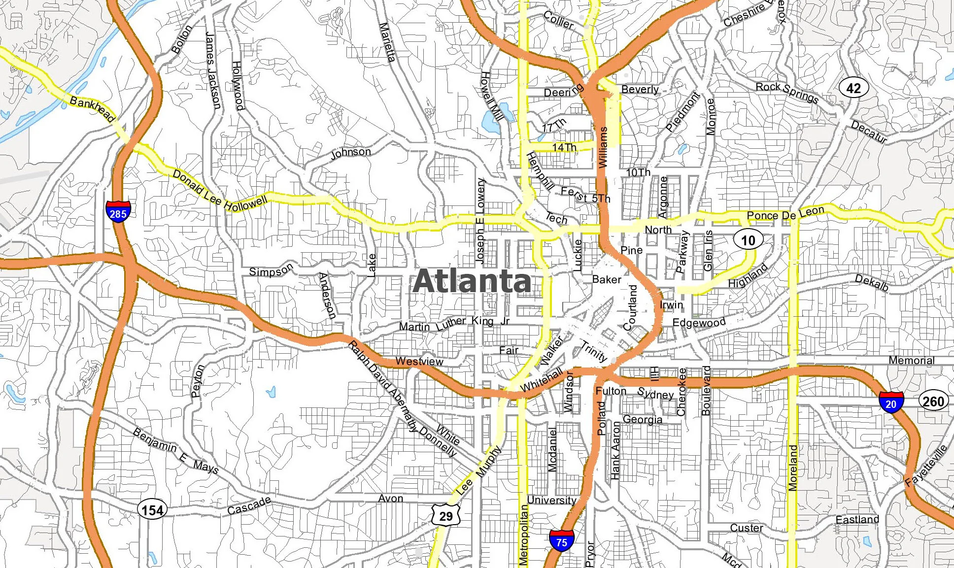 Map of Atlanta, Georgia highlighting major highways including I-75, I-85, I-285, and I-20 around the city.