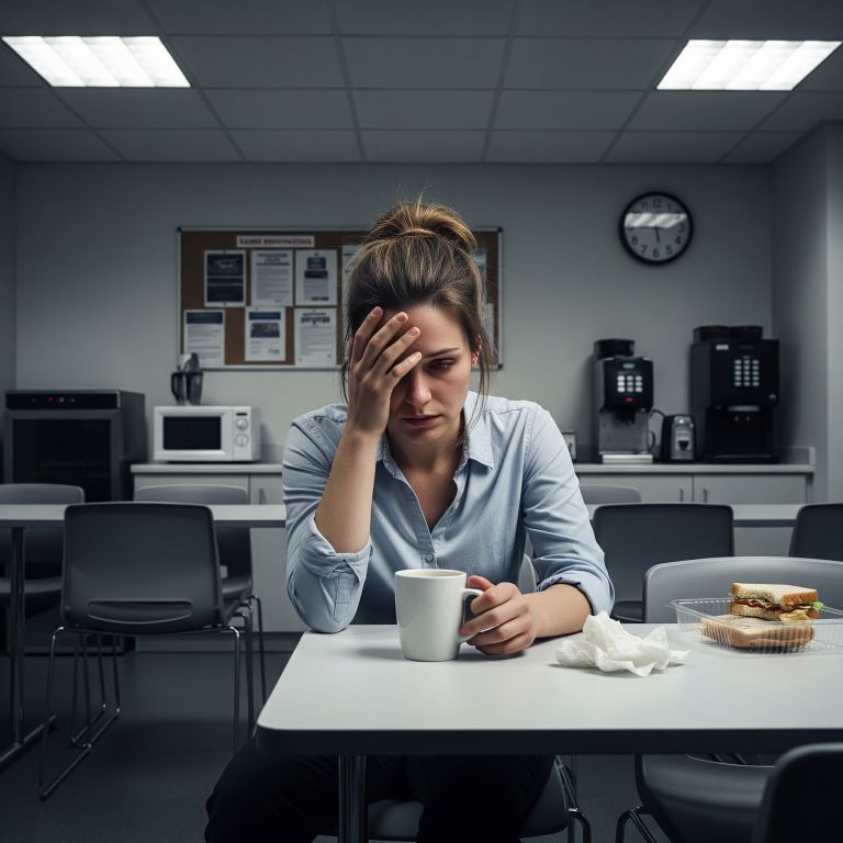 Stressed female employee sitting in an office breakroom with a coffee mug, illustrating workplace burnout and the need for wellness services
