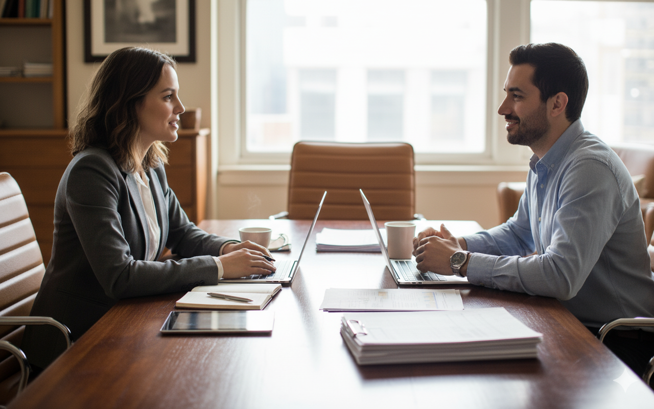 Business professionals meeting in a modern boardroom, discussing strategy and collaboration at an Atlanta corporate office served by Vendgo micro markets and vending services.