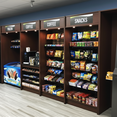 Modern micro market with smart vending shelves, beverage coolers, and a self-service kiosk