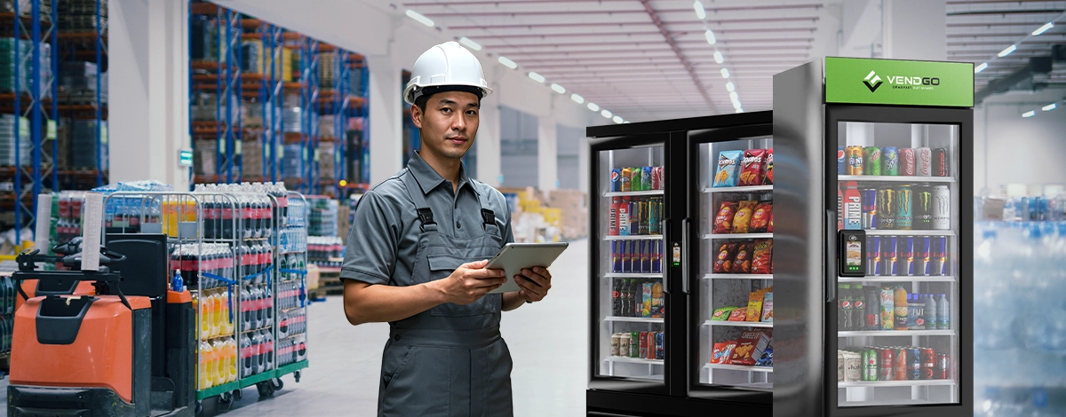 Logistics center worker in high-visibility vest standing next to Vendgo smart coolers and vending machines in a warehouse, emphasizing micro market solutions for Atlanta warehousing operations.