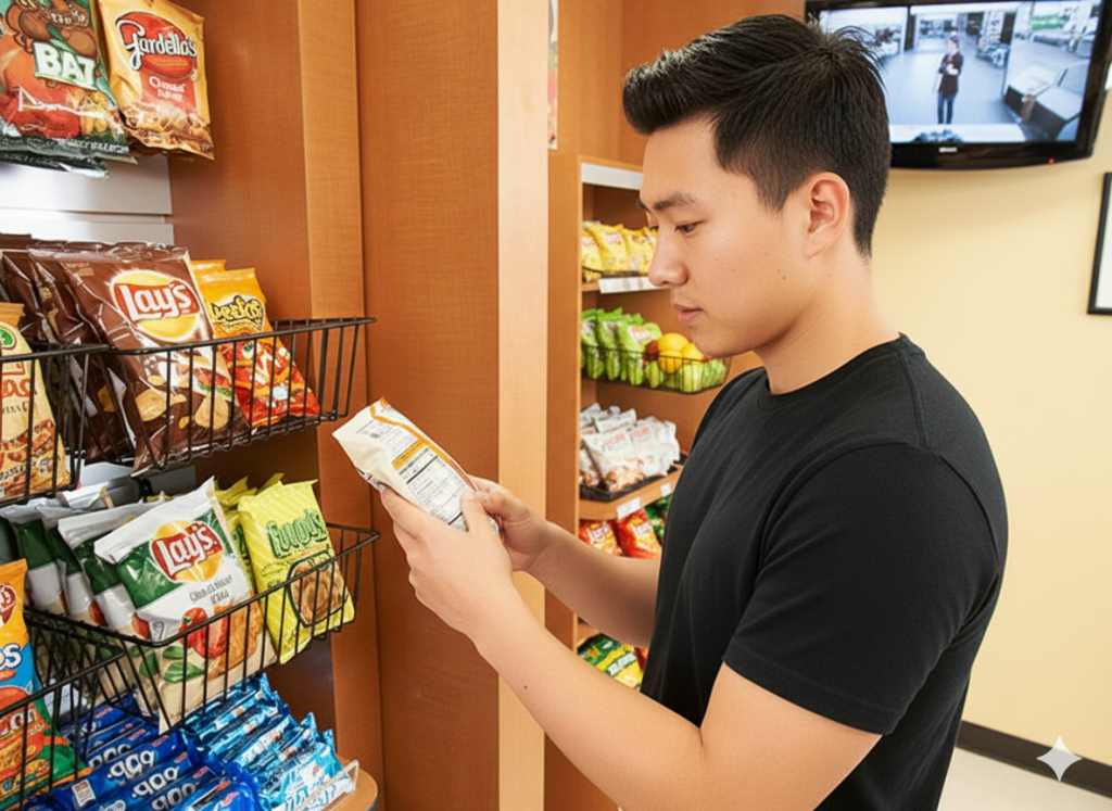 Customer shopping at a Vendgo micro market, selecting snacks from smart vending shelves