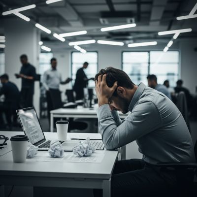 Overwhelmed male office worker sitting at a desk with head in hands, representing workplace stress and burnout