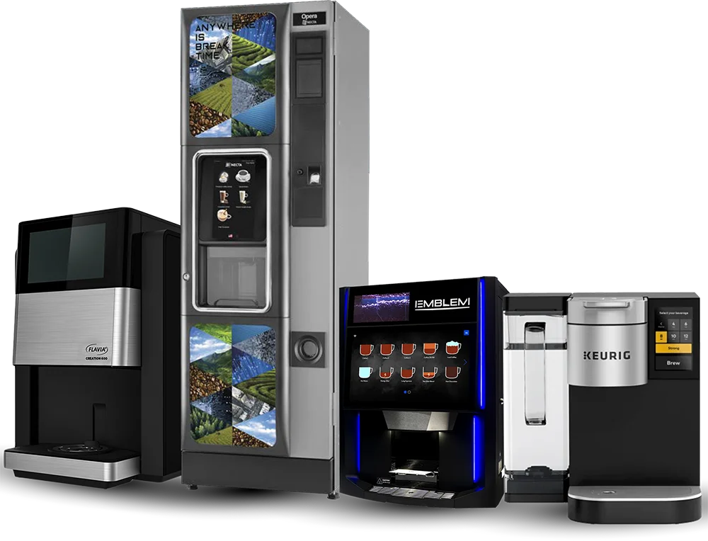 Lineup of commercial coffee machines, including Keurig brewers and touch-screen espresso machines, for office coffee service.