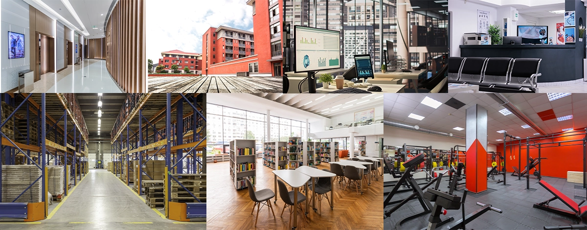 Collage of different facilities including a hospital corridor, shopping mall, warehouse aisle, library, gym and office, representing Vendgo's diverse service industries.