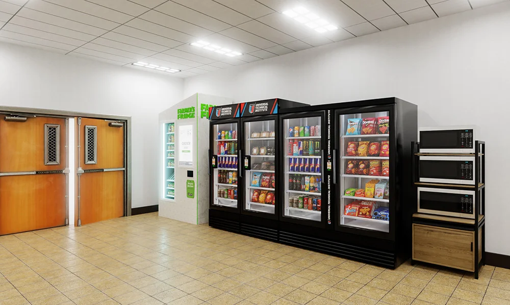 Self-service micro market in a school hallway with refrigerated coolers, vending shelves and microwaves, offering students snacks and meals through Vendgo's micro market solutions in Atlanta.
