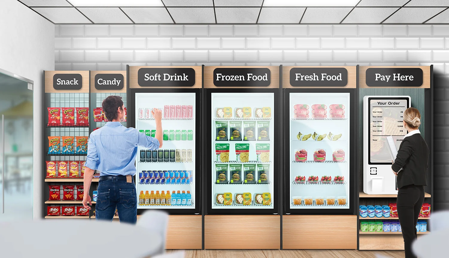 Self-service micro market in an office featuring snack, candy, soft drink, frozen food and fresh food coolers, with a man selecting products and another person paying at a digital kiosk. Represents Vendgo's micro market and smart cooler solutions in Atlanta.