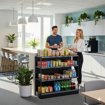 Modern office break room with a micro-market shelf stocked with snacks, drinks, and fresh options, where two employees are enjoying a casual conversation